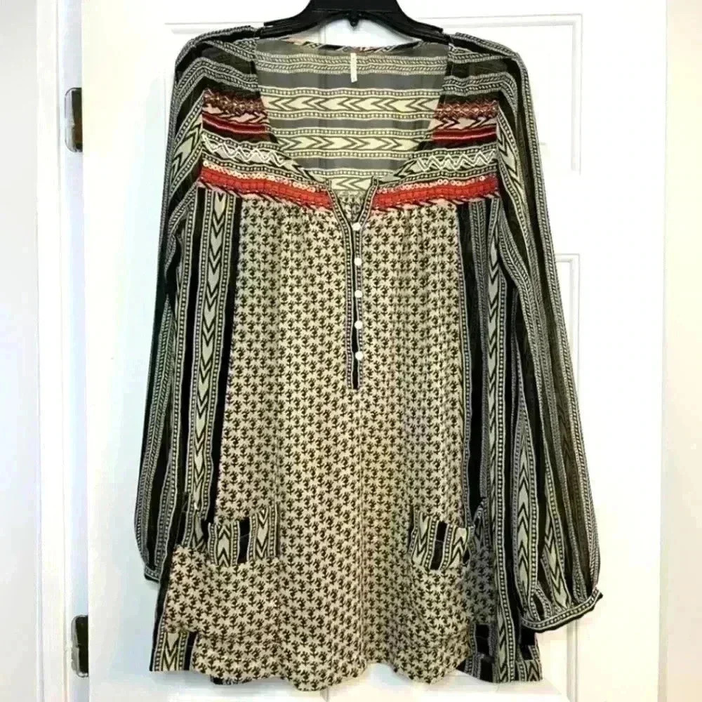 Free People Cream Black Feather in the Wind Sheer Long Sleeve Tunic Blouse S